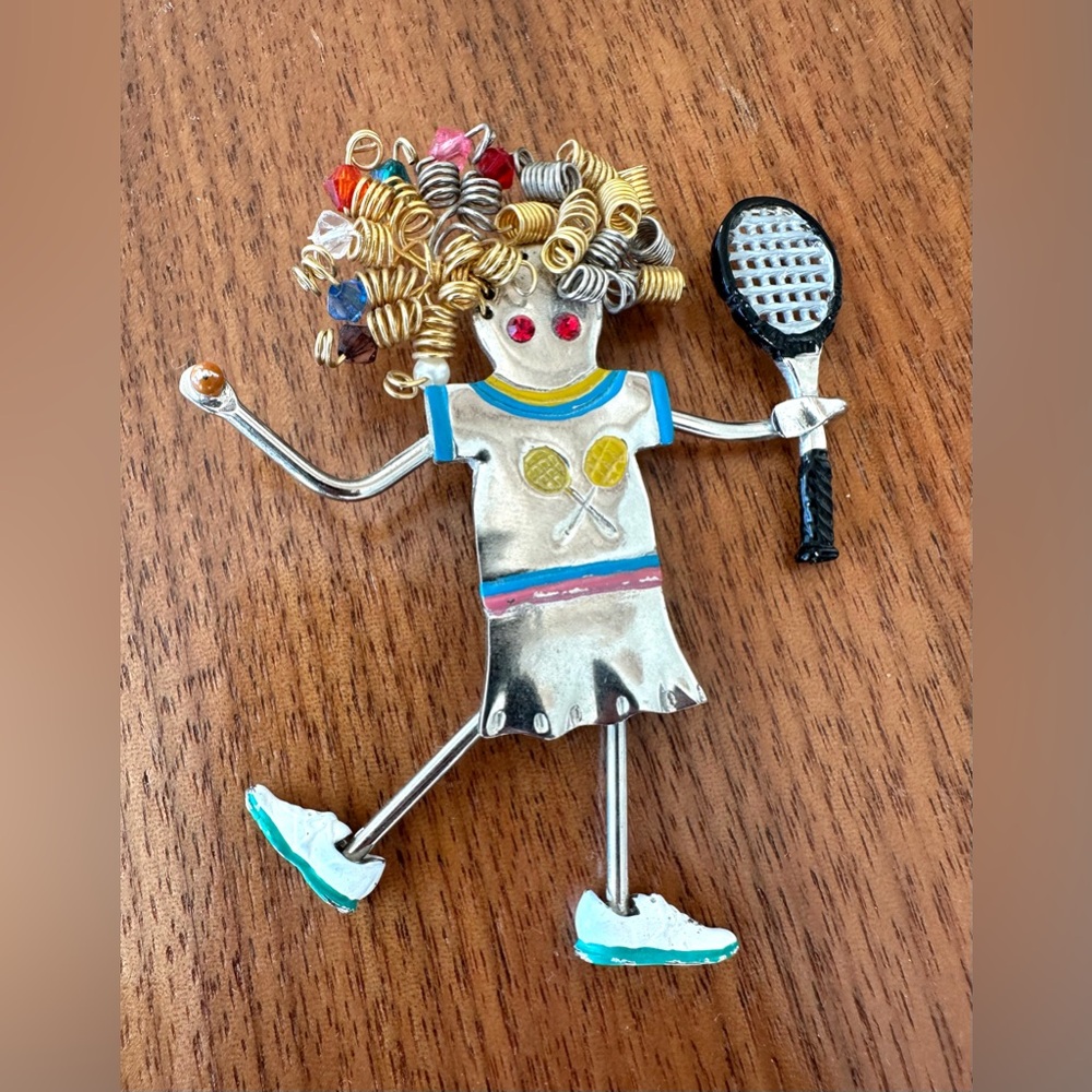 Vintage Tennis Player Brooch or Keychain with Gold and Silver Details